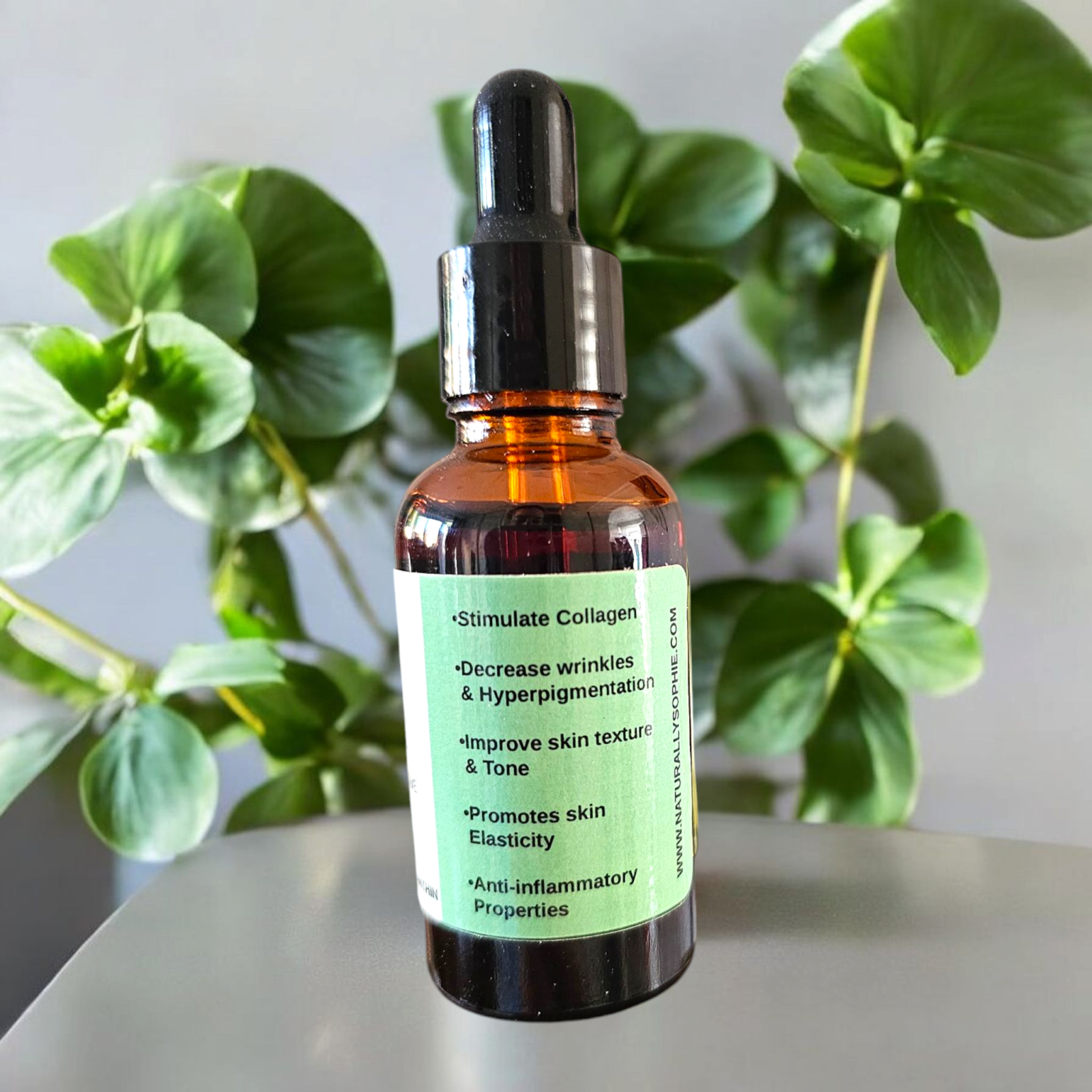 Bakuchiol serum with astaxanthin and squalane in amber dropper bottle, anti-aging skincare product.