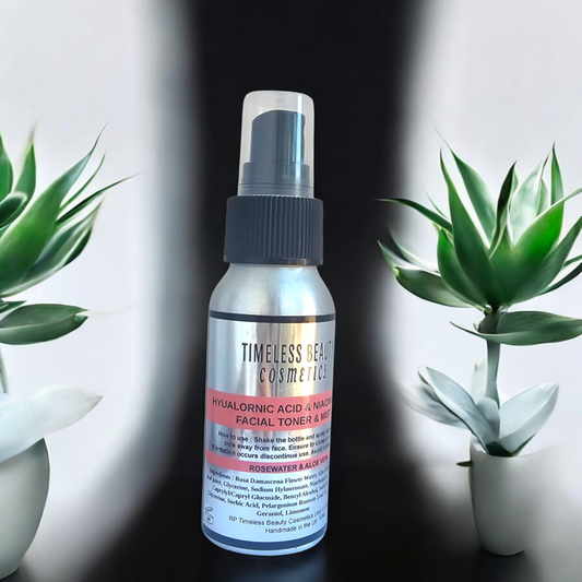 Hydrating Facial Toner in 50ml spray bottle with Hyaluronic Acid and Niacinamide ingredients, flanked by green plants.