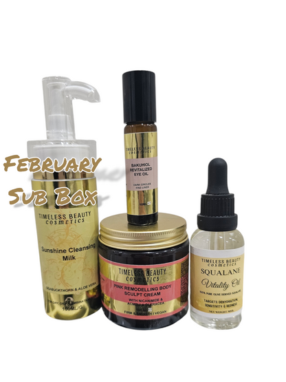 Vegan Beauty Box subscription products including face cleanser, eye oil, vitality oil, and body cream.
