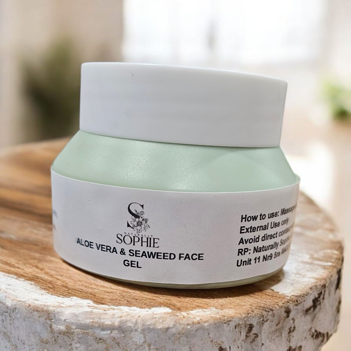 Hydrating aloe and seaweed acne facial gel in a white jar for soothing and moisturizing skin