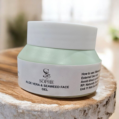 Hydrating aloe and seaweed acne facial gel in a white jar for soothing and moisturizing skin