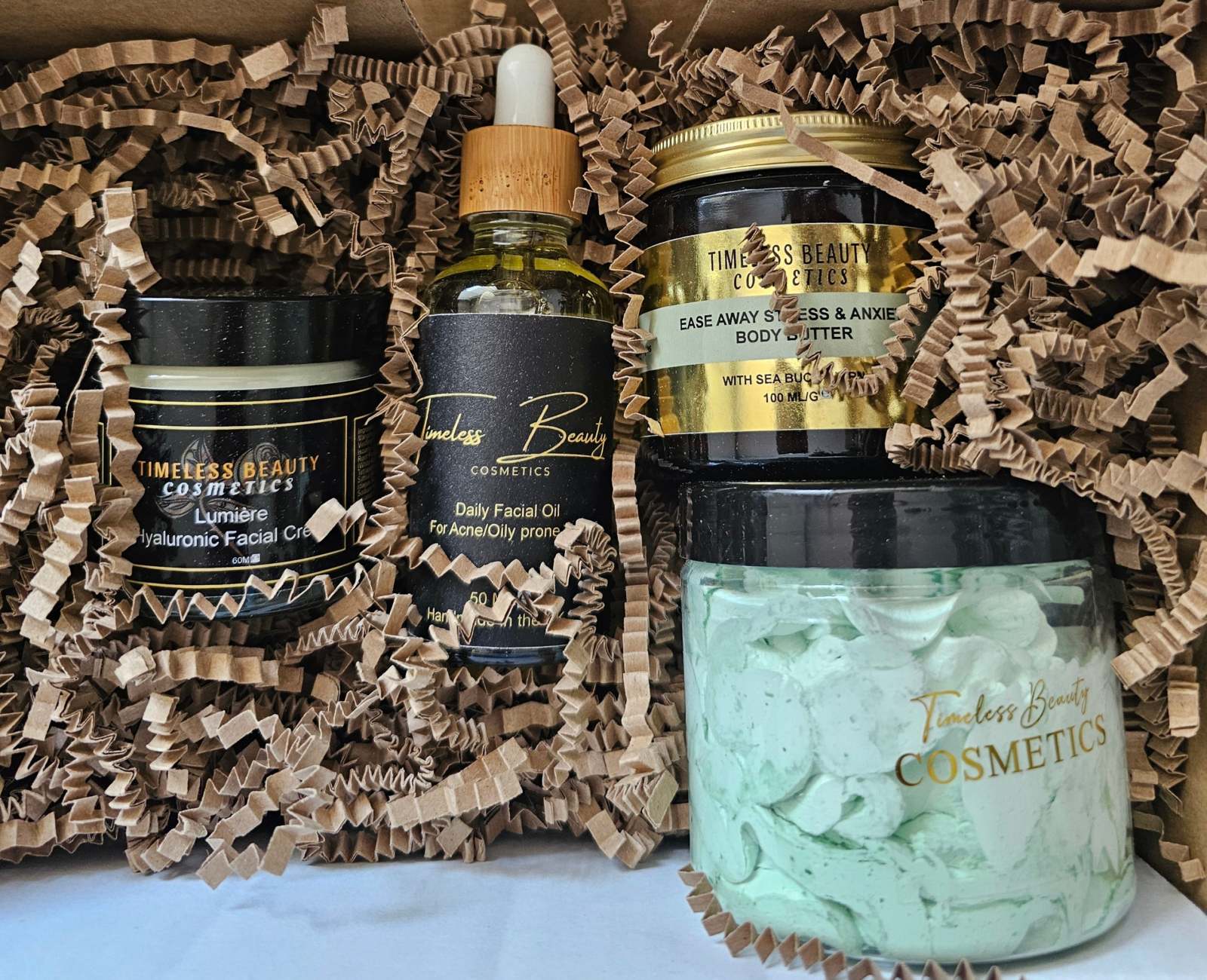 Vegan Beauty Box subscription featuring premium skincare and hair care products amidst eco-friendly packaging.