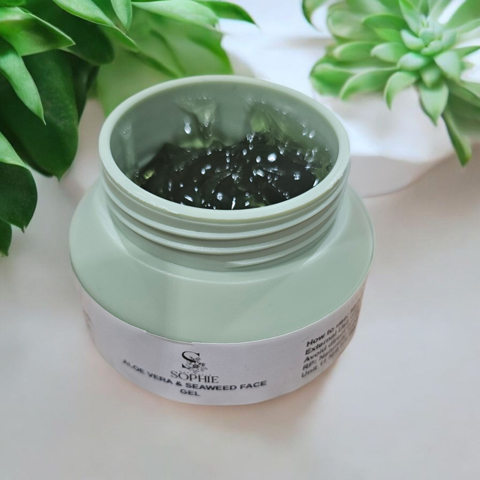 Open jar of hydrating aloe vera and seaweed acne facial gel with green plants in the background